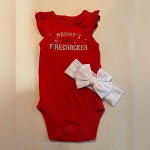 “Mommy’s Little Firecracker” one-piece romper with headband. In EUC.